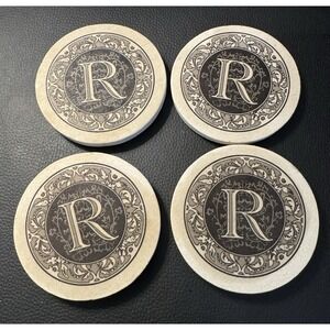 Set Of 4 Natural Sandstone Cork Bottom Monogrammed Initial R Coasters USA Made